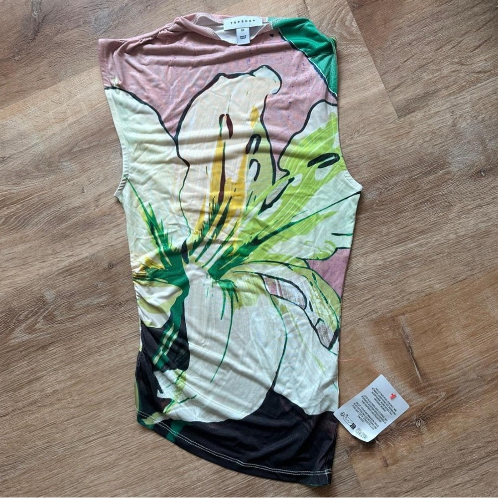 Topshop Floral Print Sleeveless Tank - Pink, Green & brown
